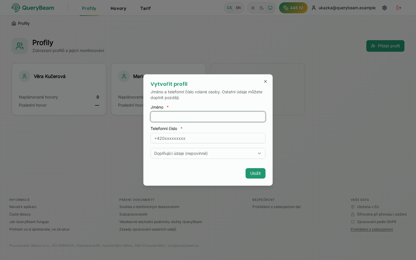 Dialog pro vytvoření profilu