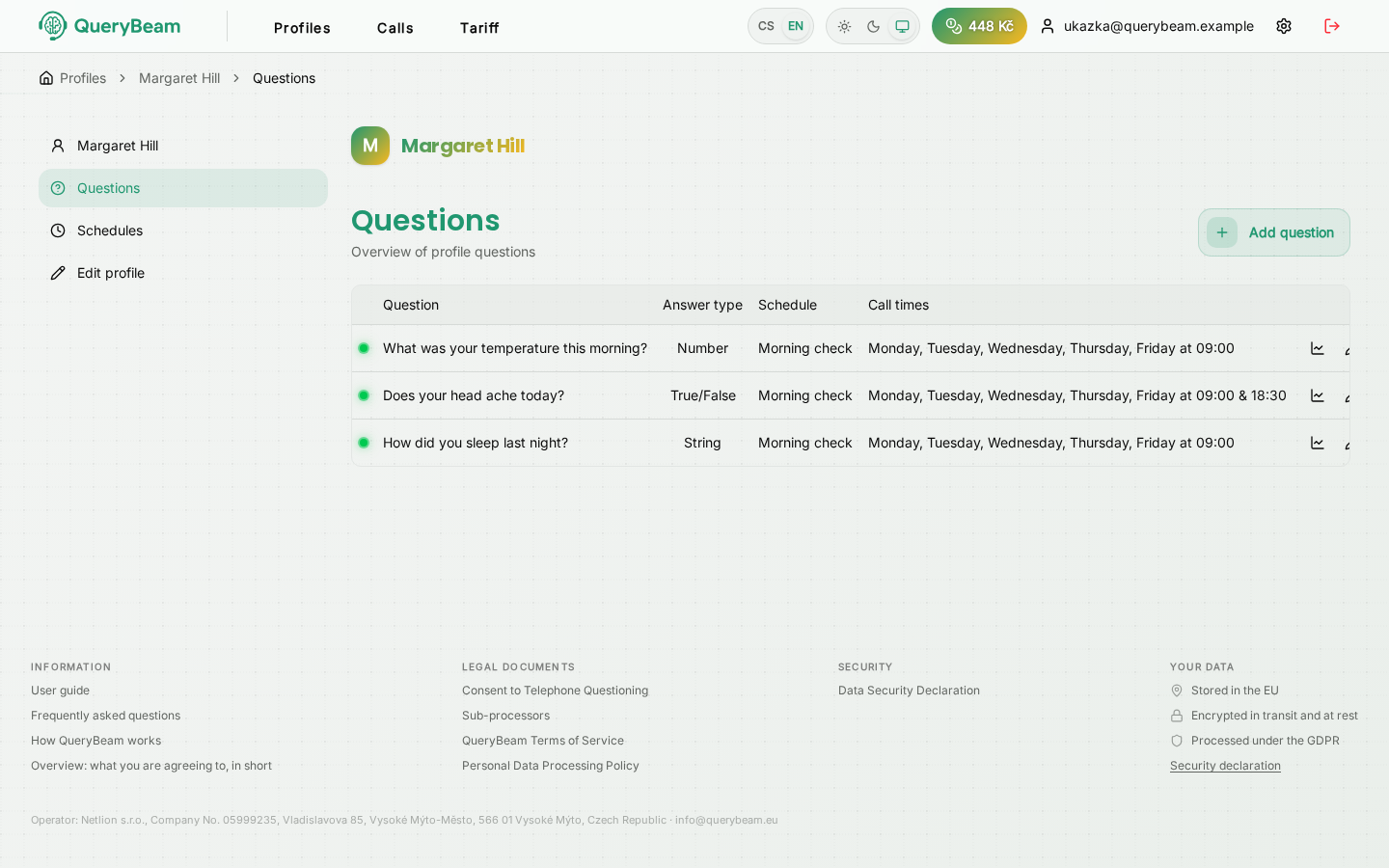 The profile's list of questions